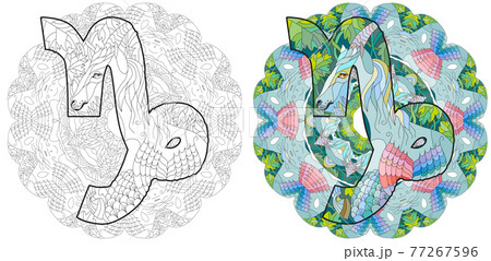 CAPRICORN zodiac sign with mandala cute cartoon character retro zentangle stylized in vector for coloring CAPRICORN zodiac sign with mandala cute cartoon character retro zentangle stylized in vector for coloring 77267596