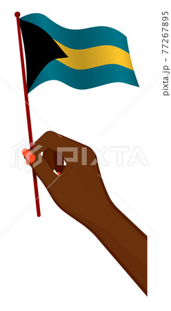 Female hand gently holds small flag of Bahamas islands. Holiday design element. Cartoon vector on white background
