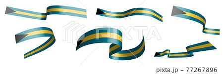 Set of holiday ribbons. Bahamas flag waving in wind. Separation into lower and upper layers. Design element. Vector on white background
