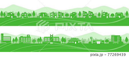 山のある街並みのシルエット 緑 のイラスト素材