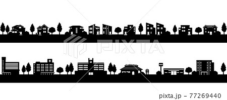 シンプルな街並みのシルエット モノクロ のイラスト素材