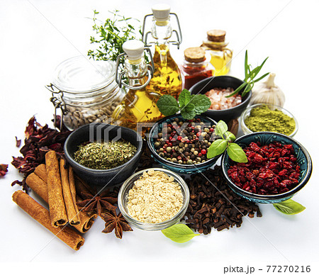 Various spices isolated on white background, top view 77270216