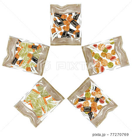 日本のお菓子 おかきとあられ 手描き水彩風イラストのイラスト素材 日本のお菓子 おかきとあられ 手描き水彩風イラストのイラスト素材