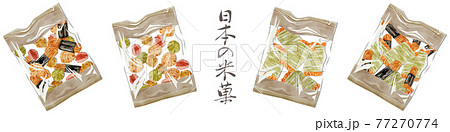 日本のお菓子「おかきとあられ」手描き水彩風イラスト 日本のお菓子「おかきとあられ」手描き水彩風イラスト 77270774