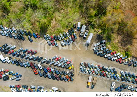 View panorama on many used cars parking a rows for auction lot terminal parked 77271617