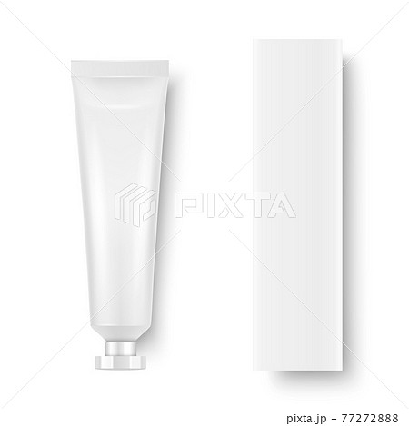 Vector 3d Realistic Plastic, Metal White Tooth Paste, Cream Tube, Carton Packing Isolated on White Background. Design Template of Toothpaste, Cosmetics, Cream, Tooth Paste for Mockup. Top View 77272888