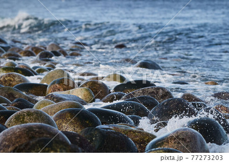 Small sea waves break against the stones of the shore. A bright sunny day and white foam of the waves. Melting glaciers as an environmental impact of air pollution. 77273203