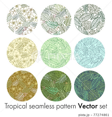 プルメリアとボタニカルリーフのトロピカルシームレスパターンセット9種 77274861