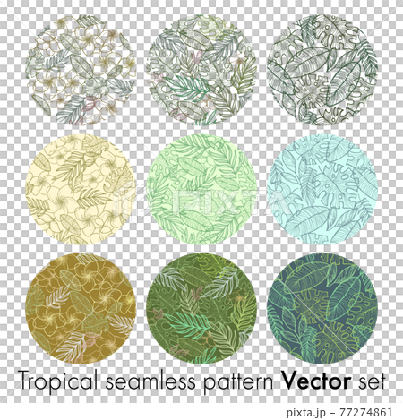 プルメリアとボタニカルリーフのトロピカルシームレスパターンセット9種 77274861