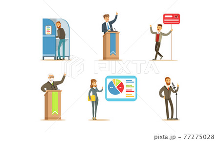 Election Campaign Set, People Voting at the Polls, Party Candidates Giving Speech Cartoon Vector Illustration Election Campaign Set, People Voting at the Polls, Party Candidates Giving Speech Cartoon Vector Illustration 77275028