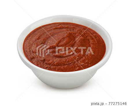 Bowl of tomato soup isolated on white background Bowl of tomato soup isolated on white background 77275146
