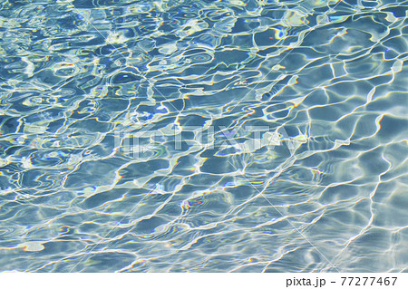 太陽の光に輝いている澄んだ青い水の波紋にクローズアップした背景素材用写真の写真素材