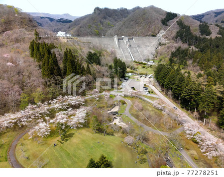 春の北海道函館市新中野ダムとダム公園の風景を空撮 77278251