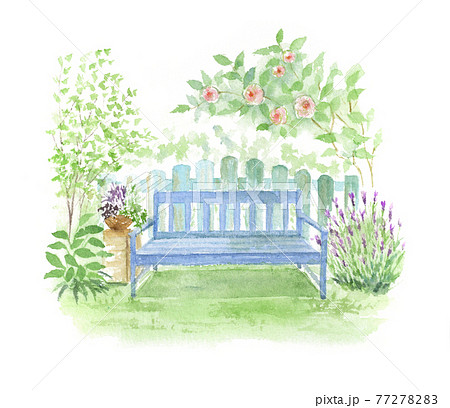 花とベンチ水彩画