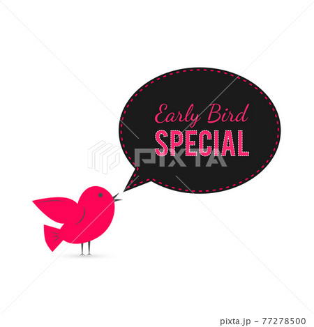 Early Bird special offer banner. Cute cartoon bird with speech bubble. Discount or sale event poster. Social media marketing. Shop sale announcement. Early Bird special offer banner. Cute cartoon bird with speech bubble. Discount or sale event poster. Social media marketing. Shop sale announcement. 77278500
