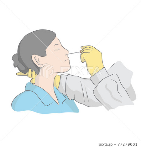 close-up doctor with ppe suit doing Covid-19 or Coronavirus test to a young woman with nasal swab probe hand drawn illustration vector. 77279001