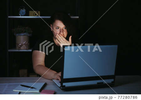 Shocked stressed woman mistaken at night work 77280786
