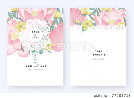Floral wedding invitation card template design, pink lotus flowers and leaves with lace frame 77283713