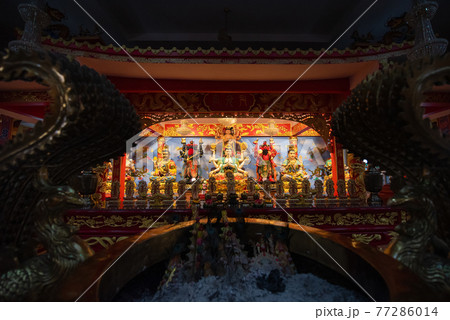 CHONBURI, THAILAND - November 8, 2020 -Wihan Thep Sathit Phra Kitthi Chalerm Shrine (Nacha Sa Thai Chue Shrine) Or Naja Temple at Ang Sila. Famous Temple. CHONBURI, THAILAND - November 8, 2020 -Wihan Thep Sathit Phra Kitthi Chalerm Shrine (Nacha Sa Thai Chue Shrine) Or Naja Temple at Ang Sila. Famous Temple. 77286014