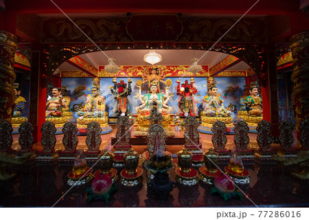 CHONBURI, THAILAND - November 8, 2020 -Wihan Thep Sathit Phra Kitthi Chalerm Shrine (Nacha Sa Thai Chue Shrine) Or Naja Temple at Ang Sila. Famous Temple. 77286016