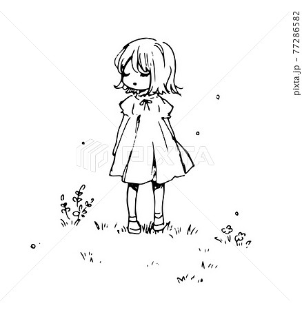 草原に立つ女の子 ペン画 落書きのイラスト素材
