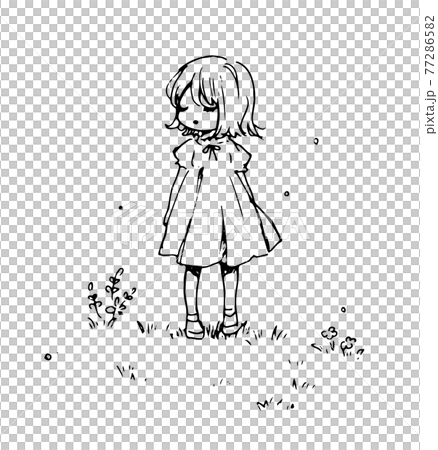 草原に立つ女の子 ペン画 落書きのイラスト素材