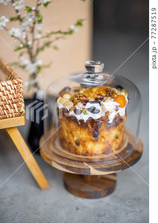 Delicious Easter sweet cupcake decorated with dried fruits Delicious Easter sweet cupcake decorated with dried fruits 77287519