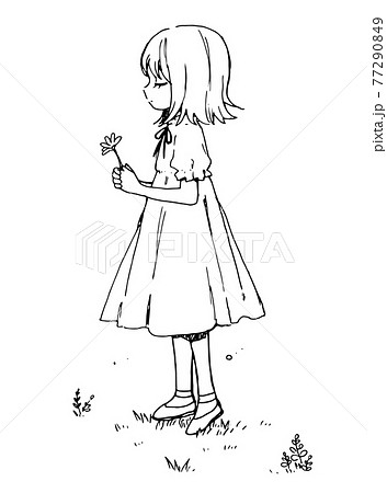 一輪の花を持つ女の子 ペン画 落書きのイラスト素材