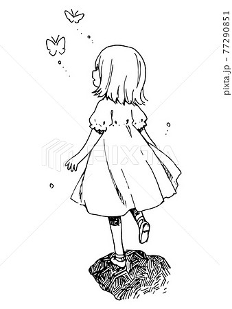 蝶を追いかける女の子 ペン画 落書きのイラスト素材