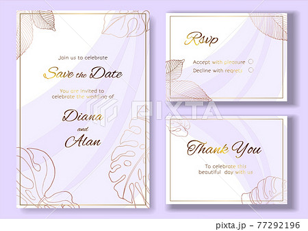 Gold leaves. Wedding invitation template with text 77292196