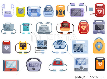 Defibrillator icons set, cartoon style 77292362