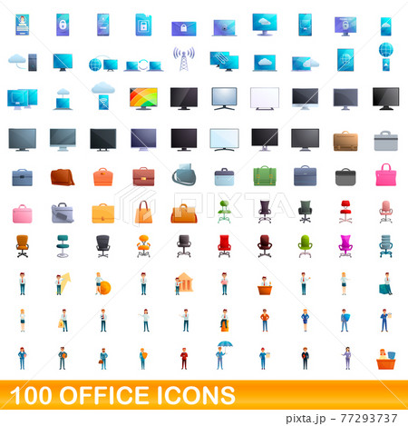 100 office icons set, cartoon style 77293737