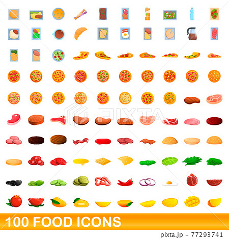 100 food icons set, cartoon style 77293741