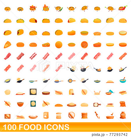 100 food icons set, cartoon style 77293742