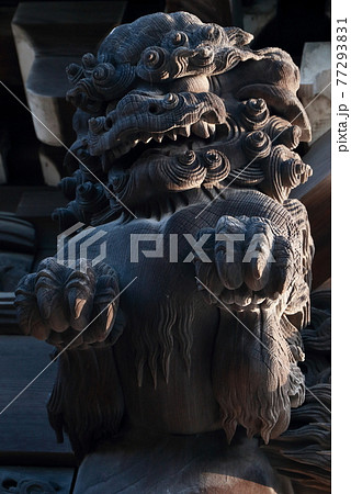 寺院彫刻木彫りの龍守護獅子 77293831