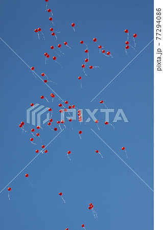 red balloons flying against the blue sky 77294086