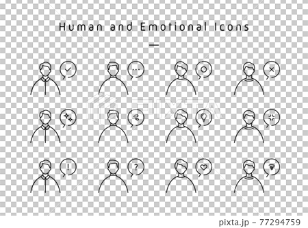 男性と感情アイコンのふきだしセット　気持ち　絵文字　シンプル　閃き　驚き　電球　汗　人物 77294759