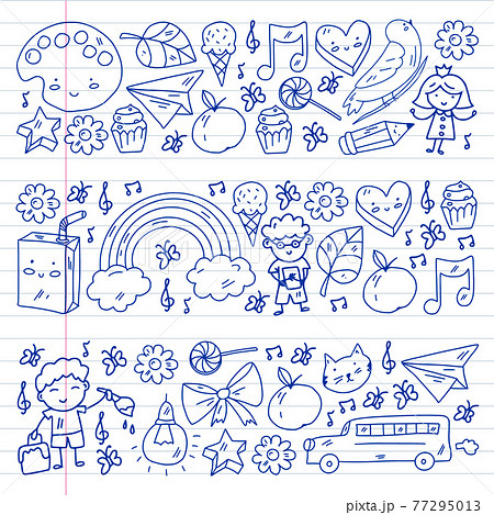 Cartoon icons with education items. Online lesson. E-learning. Cartoon icons with education items. Online lesson. E-learning. 77295013