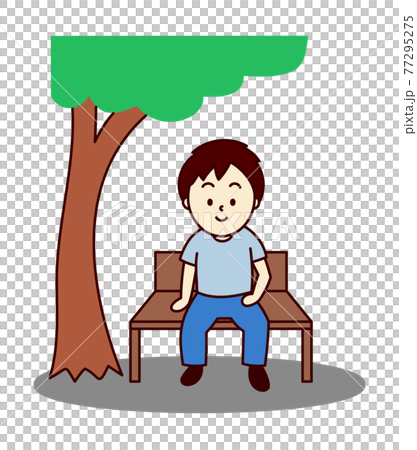 A man sitting on a bench in the shade of a tree and resting 77295275