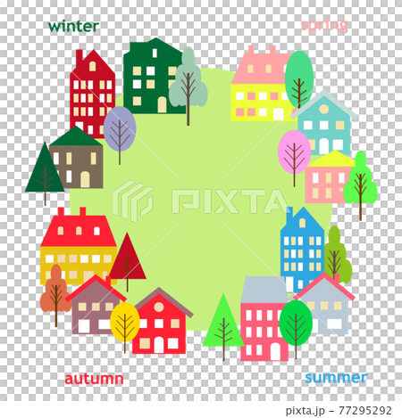 ヨーロッパ風の町並みのフレームイラスト　四季イメージ 77295292