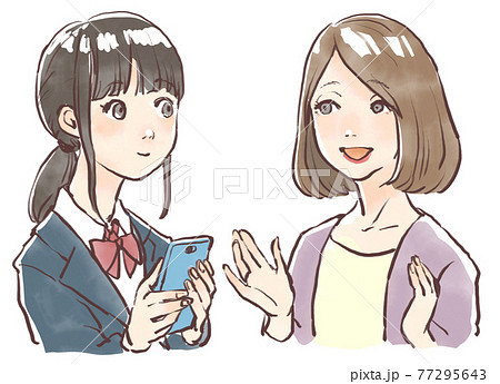 スマホについて相談する親子の水彩イラスト 77295643
