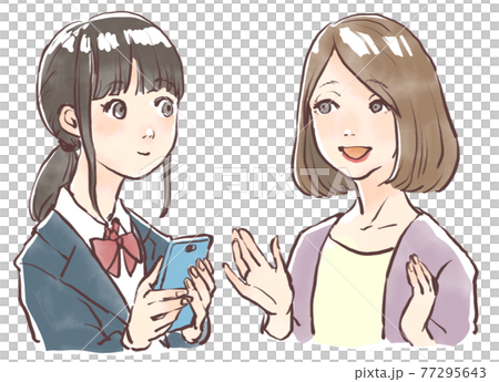 スマホについて相談する親子の水彩イラスト 77295643