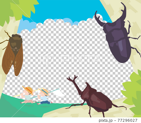 虫取りをする子供 カブトムシ 夏 昆虫 フレームのイラスト素材