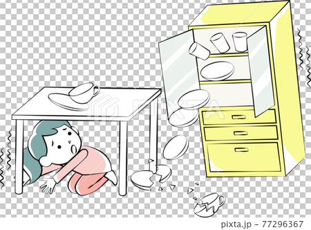 地震のときテーブルの下にもぐる女性 地震のときテーブルの下にもぐる女性 77296367