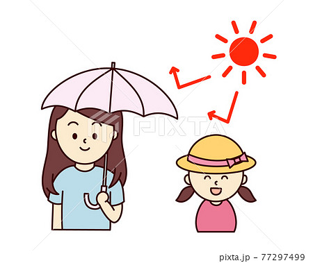 日傘をさす女性と麦わら帽子の女の子のイラスト素材