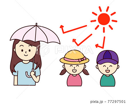 日傘をさす女性と麦わら帽子の女の子とキャップの男の子のイラスト素材