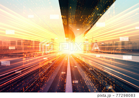 Digital data flow on road with motion blur to create vision of fast speed transfer Digital data flow on road with motion blur to create vision of fast speed transfer 77298083