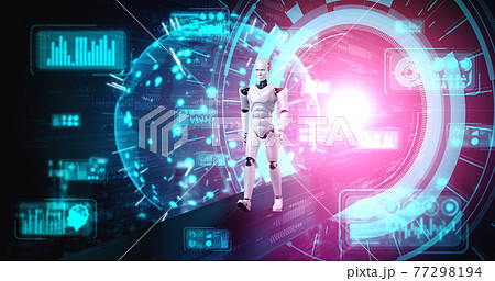 3D rendering robot humanoid in sci fi fantasy world 77298194