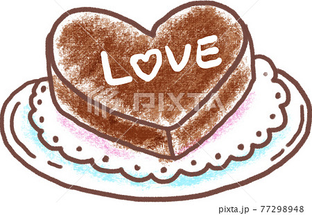 ハートのチョコレートケーキ クレヨン画風のイラスト素材