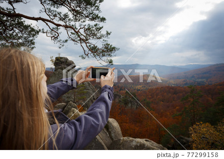 girl at Dovbush rocks girl at Dovbush rocks 77299158